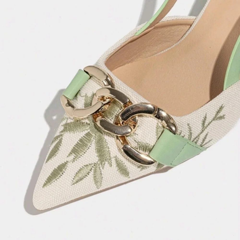 Women's Fashion High Heel Shoes With Pointed Toe, Metal Buckle & Embroidered - Picture 4 of 6